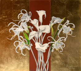 Calla and Spider Lilies. Oil painting, graphite, gold leaf and plexiglas on board