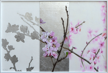 Peach Tree Flowers. Silver leaf, oil painting on Plexiglas and wood