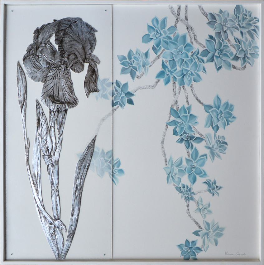 Encounters. Painted Silver leaf on Plexiglas, and oil painting on wood
