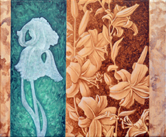 Iris and Lilies n.2. Oil and acrylic painting on canvas