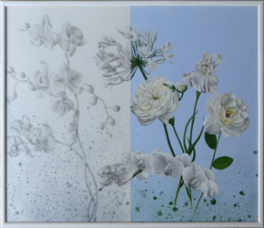 Rhapsody in White. Oil painting on wood and graphite on Plexiglas